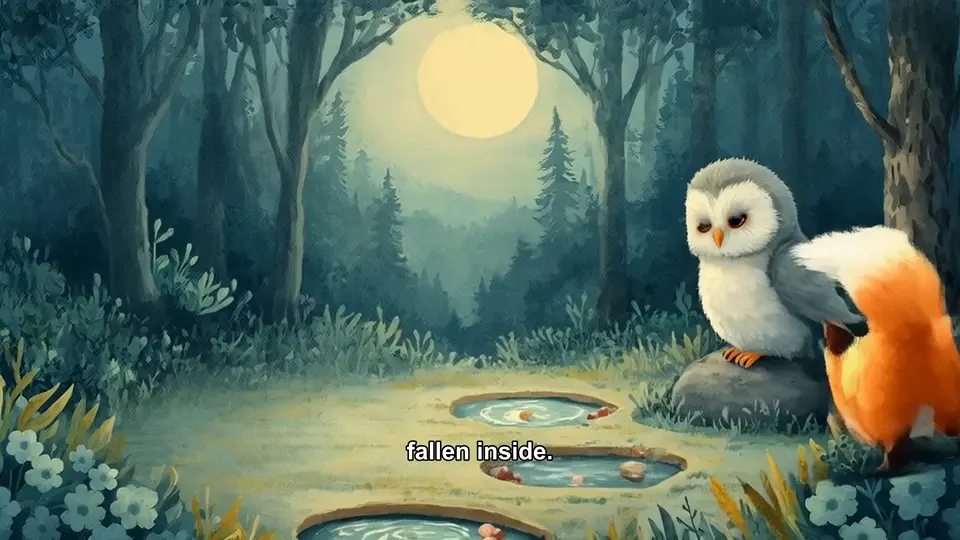 The fox looks into a pond while the owl watches